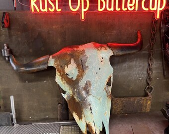 Hand-Painted Rusted Metal Bull Skull Wall Art, Rustic Home Decor
