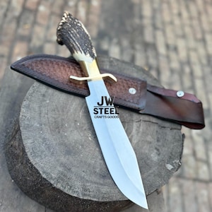 Handmade Stainless Bowie Knife with Brass Guard & Stag Antler Handle – Hunting Knife, Collector’s Gift