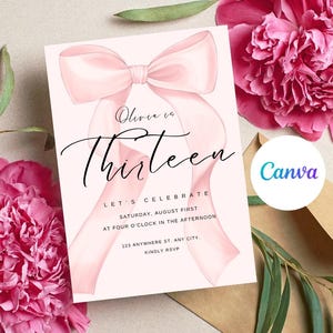 Pink Bow Coquette 13th Birthday Invitation Girl Printable, Sweet 16 Birthday Invite, Teen Birthday Invitation, Sleepover Invitation, Digital