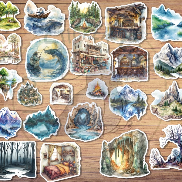 printable fantasy setting sticker ephemera digital download medieval party tavern camp dungeon enchanted forest dragon castle marketplace