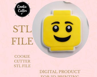 Lego Fan Cookie Cutter STL-bestand 3D-print digitale download minifiguur hoofd lachend gezicht speelgoed geïnspireerd