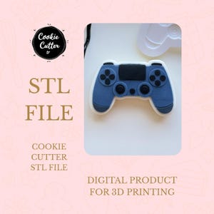 May include: A blue and black video game controller cookie cutter. The image includes the text "STL FILE" and "DIGITAL PRODUCT FOR 3D PRINTING". The cookie cutter is on a white surface with a pink background.