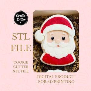 May include: A Santa Claus cookie cutter STL file, a digital product for 3D printing. The cookie is decorated with a red hat and coat, white beard, and rosy cheeks. The image includes the text "Cookie Cutter tr" and "STL FILE".