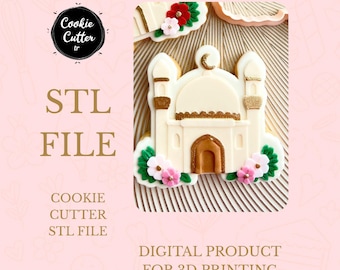 May include: A cream-colored cookie shaped like a mosque, decorated with gold glitter and floral accents. The image includes text that reads "STL FILE" and "DIGITAL PRODUCT FOR 3D PRINTING". The cookie is surrounded by other cookies and a pink background.