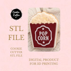 Peut inclure: Un fichier STL numérique pour un emporte-pièce imprimé en 3D en forme de seau à pop-corn. Le design présente un seau rouge foncé avec le texte POP CORN en blanc, surmonté de grains de pop-corn blancs. L'image inclut le texte Cookie Cutter tr, STL FILE et DIGITAL PRODUCT FOR 3D PRINTING.