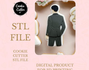May include: A cookie cutter design featuring a man in a suit, with the text "STL FILE" and "COOKIE CUTTER STL FILE". The image also includes the text "DIGITAL PRODUCT FOR 3D PRINTING". The background is a light pink color.