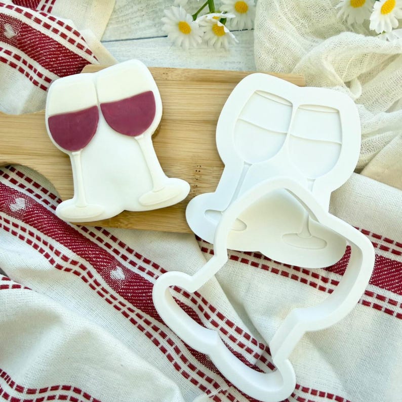 Wine glass silicone cookie cutter matte bright white with burgundy fondant accents for cookie decorating and baking molds