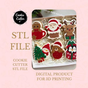 Könnte beinhalten: Eine Box mit weihnachtlichen Keksen, darunter ein Lebkuchenmann, der Weihnachtsmann, ein Rentier, ein Weihnachtsbaum, ein Schneemann, ein Bär und ein Pinguin. Der Text "STL FILE" und "DIGITAL PRODUCT FOR 3D PRINTING" sind ebenfalls zu sehen.