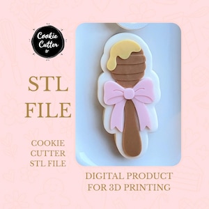 May include: A honey dipper cookie cutter design with a pink bow, brown handle, and yellow honey. The image includes the text "STL FILE" and "DIGITAL PRODUCT FOR 3D PRINTING". The cookie cutter design is for 3D printing.