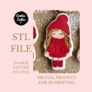 May include: A cookie cutter shaped like a girl in a red coat, hat, and scarf. The image includes the text "STL FILE" and "DIGITAL PRODUCT FOR 3D PRINTING". This is a digital product for 3D printing.