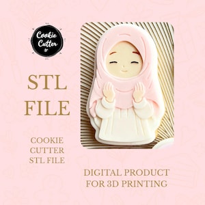 May include: A pink and white cookie cutter in the shape of a person wearing a hijab. The image includes the text "STL FILE" and "DIGITAL PRODUCT FOR 3D PRINTING". The cookie cutter is designed for 3D printing.
