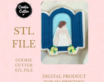 May include: A cookie cutter design featuring a bride in a window with blue shutters. The cookie is decorated with white icing and yellow flowers. Text on the image reads "STL FILE" and "DIGITAL PRODUCT FOR 3D PRINTING".