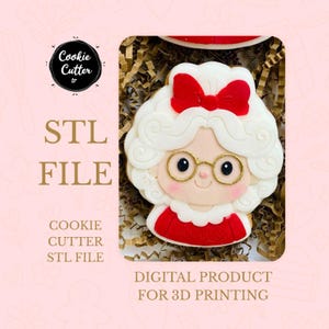 Könnte beinhalten: Ein Ausstecher in Form einer Frau mit roter Schleife, Brille und rotem und weißem Outfit. Das Bild enthält den Text "STL FILE" und "DIGITALES PRODUKT FÜR 3D-DRUCK". Der Ausstecher ist ein digitales Produkt.