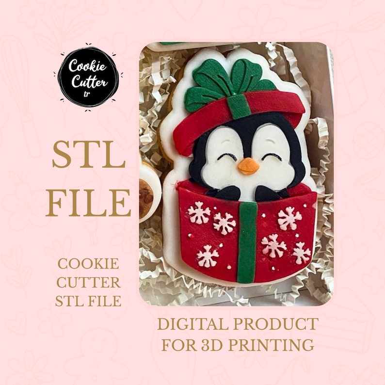 May include: A festive penguin cookie cutter design. The cookie is shaped like a penguin in a red gift box with white snowflake details. The penguin has a black head, white face, and orange beak. The image includes the text "STL FILE" and "DIGITAL PRODUCT FOR 3D PRINTING."