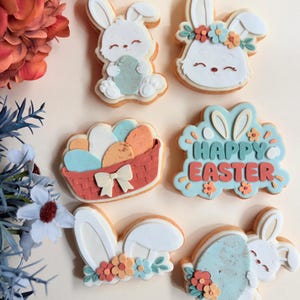 Peut inclure: Assortiment de biscuits de Pâques. Les biscuits représentent des lapins, des œufs de Pâques et un panier d'œufs. L'un des biscuits porte l'inscription "Happy Easter". Les biscuits sont décorés de couleurs pastel et d'éléments floraux.