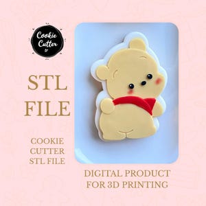 May include: A yellow bear-shaped cookie cutter design with a red scarf, black eyes, and rosy cheeks. The image includes the text "STL FILE" and "DIGITAL PRODUCT FOR 3D PRINTING". The cookie cutter is a digital product.
