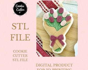 Valentines Day Picnic Theme Tulip Bouquet Bow Cookie Cutter STL File Digital 3D Print Embossed Multi Layer Mothers Day Spring