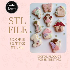May include: A collection of decorated cookies in various shapes, including a butterfly, fairy, mushroom, and house. The cookies are intricately designed with pastel colors and icing. The image also includes text that reads "STL FILE" and "DIGITAL PRODUCT FOR 3D PRINTING".
