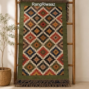 Alfombra de lana tejida a mano, estampado abstracto de diamantes, alfombra de estilo bohemio.
