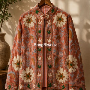 Vintage Cotton Suzani Jacket | Embroidered Floral Boho Duster, Velvet Fabric