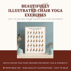 May include: A framed poster titled "Chair Yoga Exercises for Weight Loss" displays illustrated yoga poses. The poster is on a wooden surface against a blue wall. Text at the top reads "Beautifully Illustrated Chair Yoga Exercises". The bottom text says "Gentle seated yoga poses designed for weight loss & flexibility."