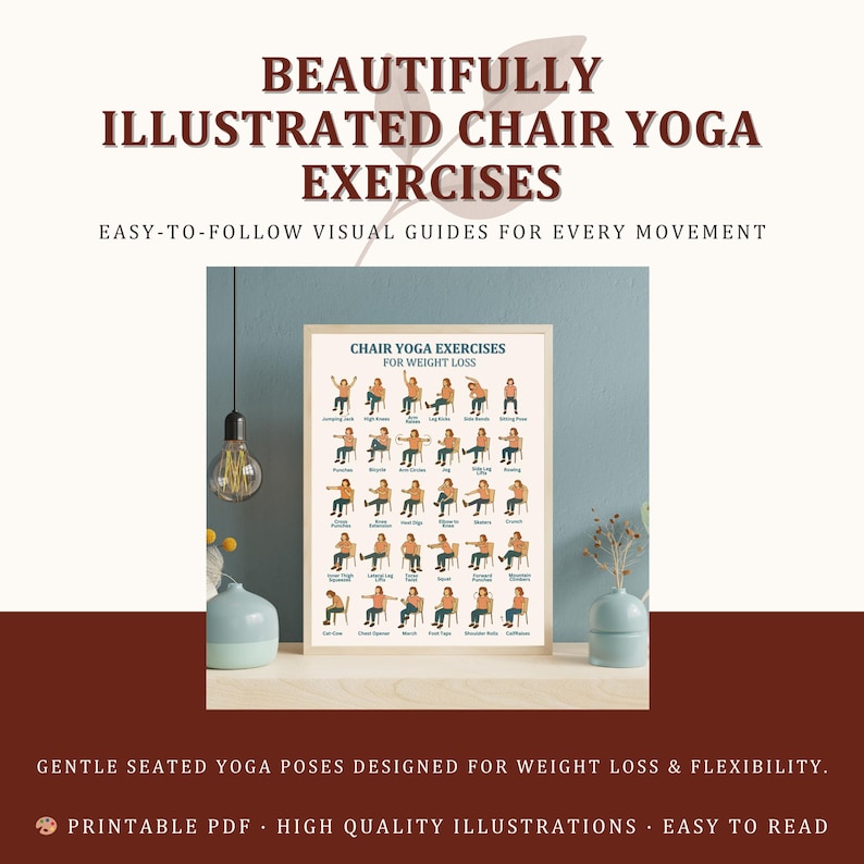 May include: A framed poster titled "Chair Yoga Exercises for Weight Loss" displays illustrated yoga poses. The poster is on a wooden surface against a blue wall. Text at the top reads "Beautifully Illustrated Chair Yoga Exercises". The bottom text says "Gentle seated yoga poses designed for weight loss & flexibility."