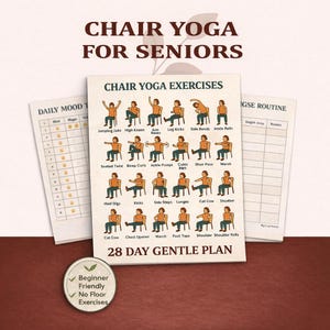 May include: A guide for chair yoga exercises for seniors. The main image shows a chart with illustrations of various yoga poses performed while seated. The text includes "Chair Yoga Exercises", "28 Day Gentle Plan", and "Beginner Friendly, No Floor Exercises."