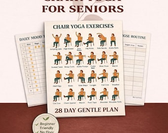 May include: A guide for chair yoga exercises for seniors. The main image shows a chart with illustrations of various yoga poses performed while seated. The text includes "Chair Yoga Exercises", "28 Day Gentle Plan", and "Beginner Friendly, No Floor Exercises."