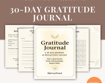 Può includere: Un download digitale di un diario della gratitudine di 30 giorni. La copertina presenta il titolo "Gratitude Journal" e il motto "Un viaggio di 30 giorni di riflessione e gioia". Il diario include suggerimenti giornalieri.