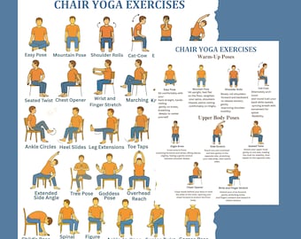 May include: A chart illustrating chair yoga exercises, featuring various poses demonstrated by orange figures. The chart includes warm-up and upper body poses, with descriptive text. It's designed for seniors, beginners, and those needing low-impact movement, promoting accessible exercise.