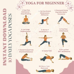 Yoga voor beginners-poster | 10 essentiële yogahoudingen voor mindfulness en ontspanning | Afdrukbare handleiding voor thuistraining