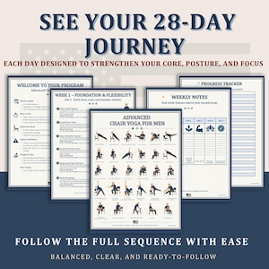 Könnte beinhalten: Eine Sammlung von gedruckten Anleitungen für ein 28-tägiges Stuhlyogaprogramm. Die Anleitungen enthalten Anweisungen, einen Fortschritts-Tracker und wöchentliche Notizen. Der Text lautet "Advanced Chair Yoga for Men" und "See Your 28-Day Journey".