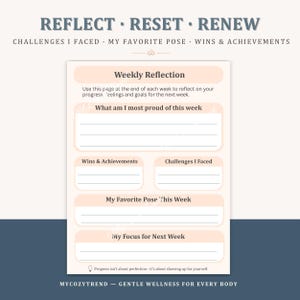 May include: A weekly reflection journal page with the headings "Reflect, Reset, Renew." The page includes sections for weekly reflection, wins, challenges, and goals. The text "Gentle Wellness for Every Body" is at the bottom.