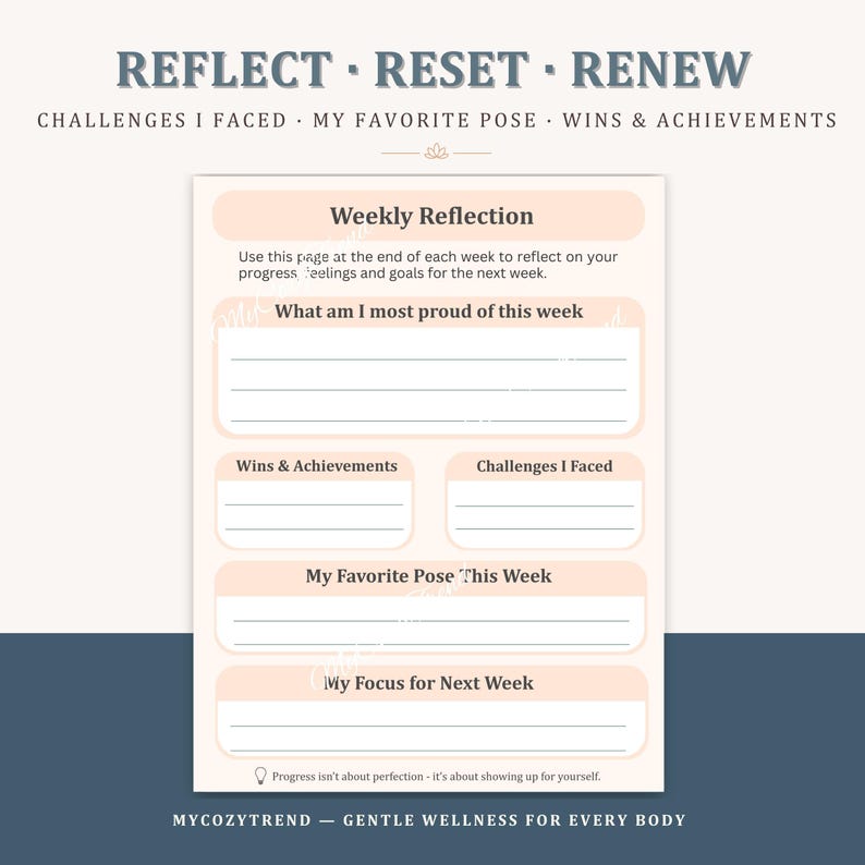 May include: A weekly reflection journal page with the headings "Reflect, Reset, Renew." The page includes sections for weekly reflection, wins, challenges, and goals. The text "Gentle Wellness for Every Body" is at the bottom.
