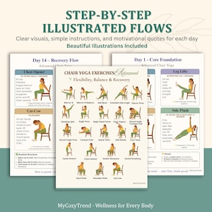 Könnte beinhalten: Illustrierte Yoga-Flow-Charts mit Schritt-für-Schritt-Anleitungen. Die Charts enthalten klare Visualisierungen, motivierende Zitate und Übungen für Flexibilität, Gleichgewicht und Erholung. Die Charts sind für Stuhlyoga konzipiert.