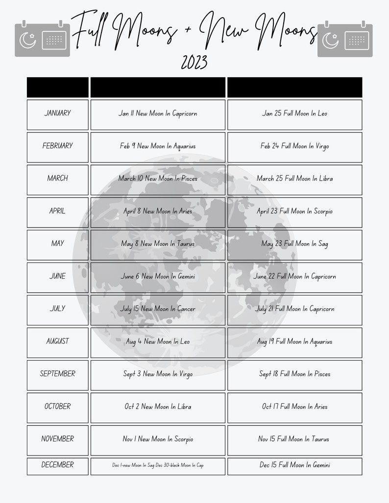 Printable Moon Astrology Calendar 20232024 Lunar Phases Etsy