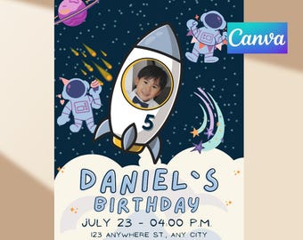 Astronaut Birthday Invitation | Rocket Photo, Space Party (Canva Template) (Digital Download)