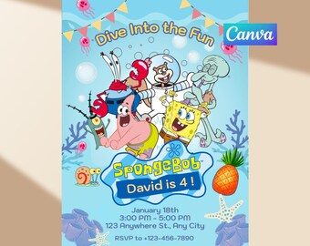 Cartoon Sponge Underwater Birthday Invitation | Editable Canva Template | Digital Download