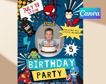 Superhero Birthday Invitation | Editable Canva Template | Photo Insert for Boys Birthday Invite | Digital Download