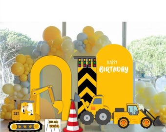 Construction Birthday Backdrop PNG, Excavator Dump Truck Party Decor (Digital Download)