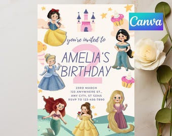 Princess Birthday Invitation | Editable Canva Template | Girl Birthday Party Invite | Digital Download