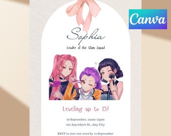 K-Pop Demon Hunter Birthday Invitation | Editable Canva Template | Girl Dark Cute Party Invite | Digital Download