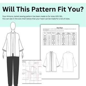 May include: A black and white illustration of a kimono jacket sewing pattern. The image includes a size chart with measurements in inches and centimeters, and the text "Will This Pattern Fit You?" The pattern is available in sizes XXS-3XL.