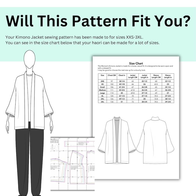 May include: A black and white illustration of a kimono jacket sewing pattern. The image includes a size chart with measurements in inches and centimeters, and the text "Will This Pattern Fit You?" The pattern is available in sizes XXS-3XL.