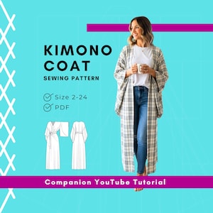 May include: A woman wearing a black and white plaid kimono coat, holding a white mug. The image includes text that reads "KIMONO COAT SEWING PATTERN" with size and PDF details, and "Companion YouTube Tutorial". Two line drawings of the kimono are also shown.