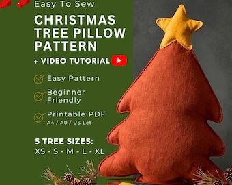 May include: A sewing pattern for a Christmas tree pillow, featuring text: Easy To Sew CHRISTMAS TREE PILLOW PATTERN + VIDEO TUTORIAL, Easy Pattern, Beginner Friendly, Printable PDF A4 / A0 / US Let, 5 TREE SIZES: XS - S - M - L - XL.