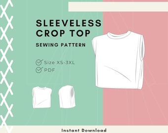 May include: A digital sewing pattern for a sleeveless crop top, featuring a white line drawing of the garment. The text reads SLEEVELESS CROP TOP SEWING PATTERN, Size XS-3XL, PDF, and Instant Download. The background is split between mint green and pink.
