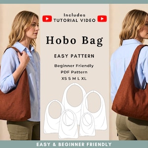 Könnte beinhalten: Ein digitales Schnittmuster für eine Hobo-Tasche mit dem Text Includes Tutorial Video, Hobo Bag, Easy Pattern, Beginner Friendly, PDF Pattern, XS S M L XL und Easy & Beginner Friendly sowie Strichzeichnungen der verschiedenen Taschengrößen.