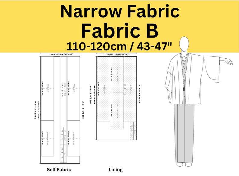 May include: Diagram of fabric layout with the text "Narrow Fabric Fabric B 110-120cm / 43-47". The diagram includes a self-fabric layout, a lining layout, and a kimono-style garment illustration.
