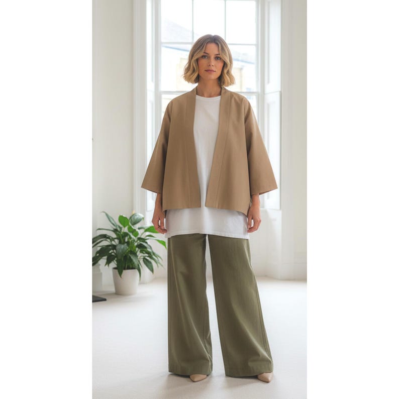 May include: A woman wearing a tan kimono-style jacket over a white top and olive green wide-leg pants. The outfit is simple and elegant, with a minimalist aesthetic. The background features a large window and a potted plant.